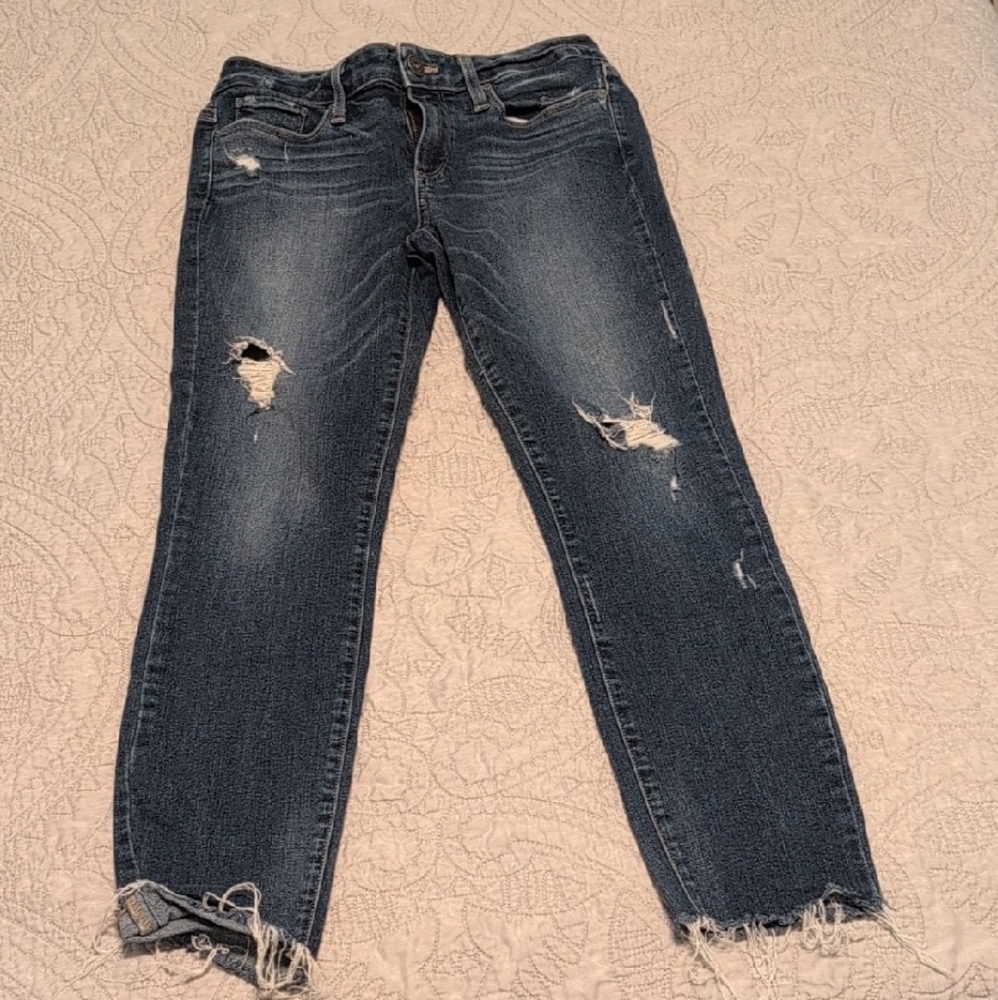 PAIGE Blue Ankle Cropped Jeans with Distressed Details
